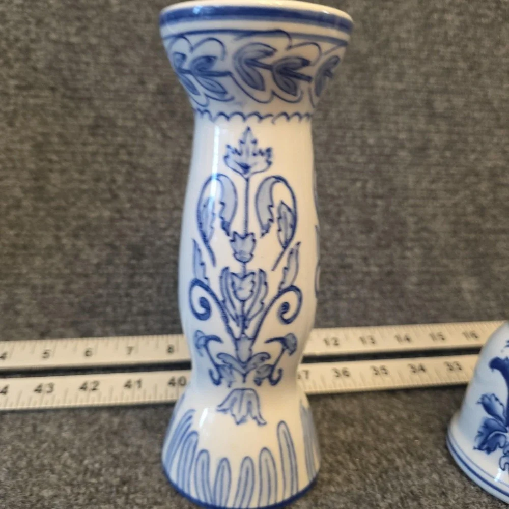 Vintage CBK LTD LLC Blue White Cobalt Ceramic Candlestick Holders Pair Decor‎